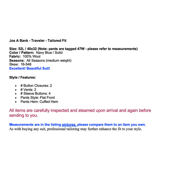 Jos A Bank Traveler Mens 52L 40x32 Solid Navy Blue 2 Piece Suit Tailored Fit - Picture 2 of 16